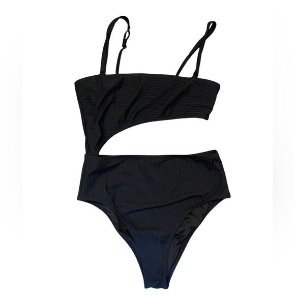 Shade & Shore Ribbed Cut Out One Piece Swimsuit Black M - Picture 2 of 7
